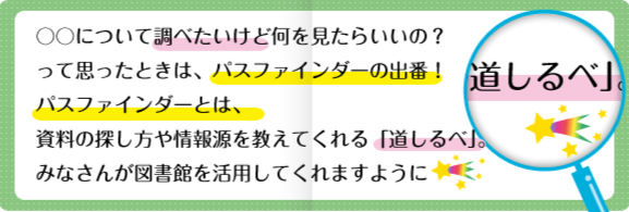 〇〇についてしらべたいけど何をみたらいいの？って思ったときは、パスファインダーの出番！パスファインダーとは、資料の探し方を教えてくれる「道しるべ」。みなさんが図書館を活用してくれますように