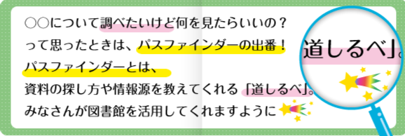 〇〇についてしらべたいけど何をみたらいいの?って思ったときは、パスファインダーの出番!パスファインダーとは、資料の探し方を教えてくれる「道しるべ」。みなさんが図書館を活用してくれますように 〇〇についてしらべたいけど何をみたらいいの?って思ったときは、パスファインダーの出番!パスファインダーとは、資料の探し方を教えてくれる「道しるべ」。みなさんが図書館を活用してくれますように