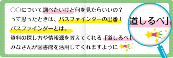 〇〇についてしらべたいけど何をみたらいいの?って思ったときは、パスファインダーの出番!パスファインダーとは、資料の探し方を教えてくれる「道しるべ」。みなさんが図書館を活用してくれますように 〇〇についてしらべたいけど何をみたらいいの?って思ったときは、パスファインダーの出番!パスファインダーとは、資料の探し方を教えてくれる「道しるべ」。みなさんが図書館を活用してくれますように