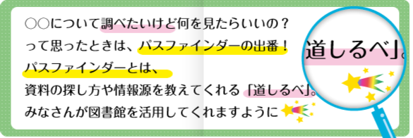 〇〇についてしらべたいけど何をみたらいいの?って思ったときは、パスファインダーの出番!パスファインダーとは、資料の探し方を教えてくれる「道しるべ」。みなさんが図書館を活用してくれますように 〇〇についてしらべたいけど何をみたらいいの?って思ったときは、パスファインダーの出番!パスファインダーとは、資料の探し方を教えてくれる「道しるべ」。みなさんが図書館を活用してくれますように