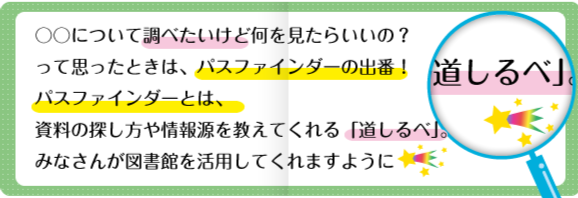 〇〇についてしらべたいけど何をみたらいいの?って思ったときは、パスファインダーの出番!パスファインダーとは、資料の探し方を教えてくれる「道しるべ」。みなさんが図書館を活用してくれますように 〇〇についてしらべたいけど何をみたらいいの?って思ったときは、パスファインダーの出番!パスファインダーとは、資料の探し方を教えてくれる「道しるべ」。みなさんが図書館を活用してくれますように