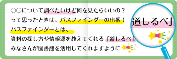 〇〇についてしらべたいけど何をみたらいいの?って思ったときは、パスファインダーの出番!パスファインダーとは、資料の探し方を教えてくれる「道しるべ」。みなさんが図書館を活用してくれますように 〇〇についてしらべたいけど何をみたらいいの?って思ったときは、パスファインダーの出番!パスファインダーとは、資料の探し方を教えてくれる「道しるべ」。みなさんが図書館を活用してくれますように