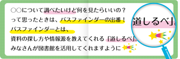〇〇についてしらべたいけど何をみたらいいの?って思ったときは、パスファインダーの出番!パスファインダーとは、資料の探し方を教えてくれる「道しるべ」。みなさんが図書館を活用してくれますように 〇〇についてしらべたいけど何をみたらいいの?って思ったときは、パスファインダーの出番!パスファインダーとは、資料の探し方を教えてくれる「道しるべ」。みなさんが図書館を活用してくれますように