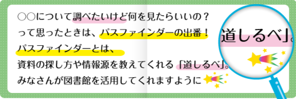 〇〇についてしらべたいけど何をみたらいいの？って思ったときは、パスファインダーの出番！パスファインダーとは、資料の探し方を教えてくれる「道しるべ」。みなさんが図書館を活用してくれますように