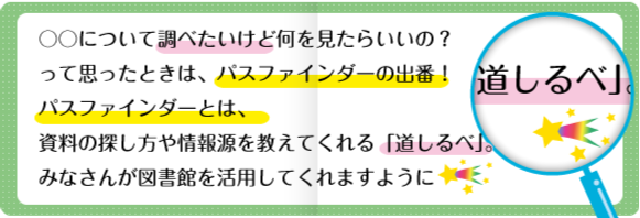 〇〇についてしらべたいけど何をみたらいいの?って思ったときは、パスファインダーの出番!パスファインダーとは、資料の探し方を教えてくれる「道しるべ」。みなさんが図書館を活用してくれますように 〇〇についてしらべたいけど何をみたらいいの?って思ったときは、パスファインダーの出番!パスファインダーとは、資料の探し方を教えてくれる「道しるべ」。みなさんが図書館を活用してくれますように