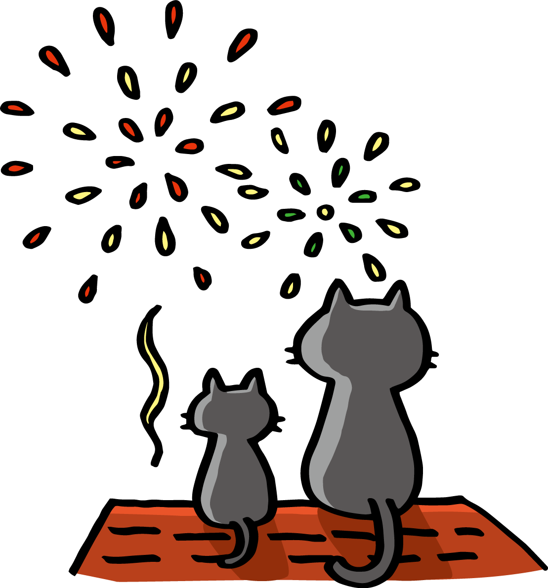 花火を見るねこの親子